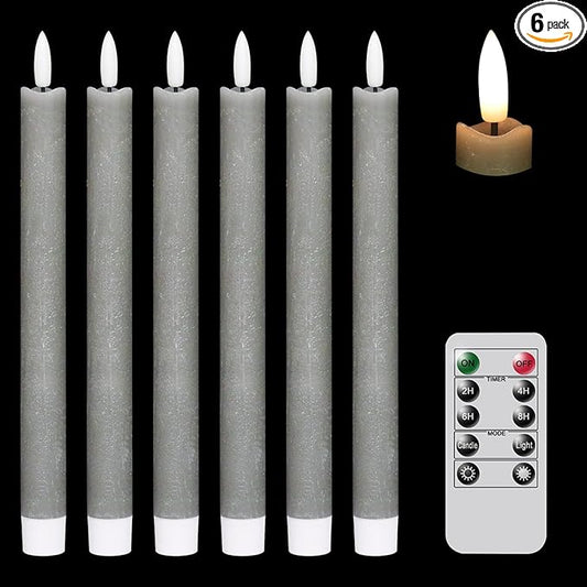 GenSwin Flameless Grey Taper Candles Flickering with 10-Key Remote, Battery Operated Led Warm 3D Wick Light Window Candles Real Wax Pack of 6, Christmas Home Wedding Decor(0.78 X 9.64 Inch)-HomvellaHome