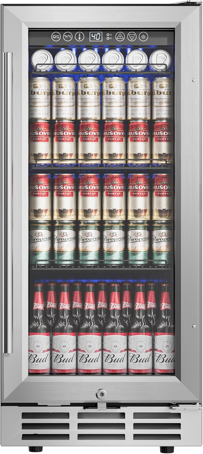 15'' Beverage Refrigerator Cooler - 126 Cans Under Counter Beverage Fridge with LED Light, Built-in Design, Wine Cooler for Home/Kitchen-HomvellaHome