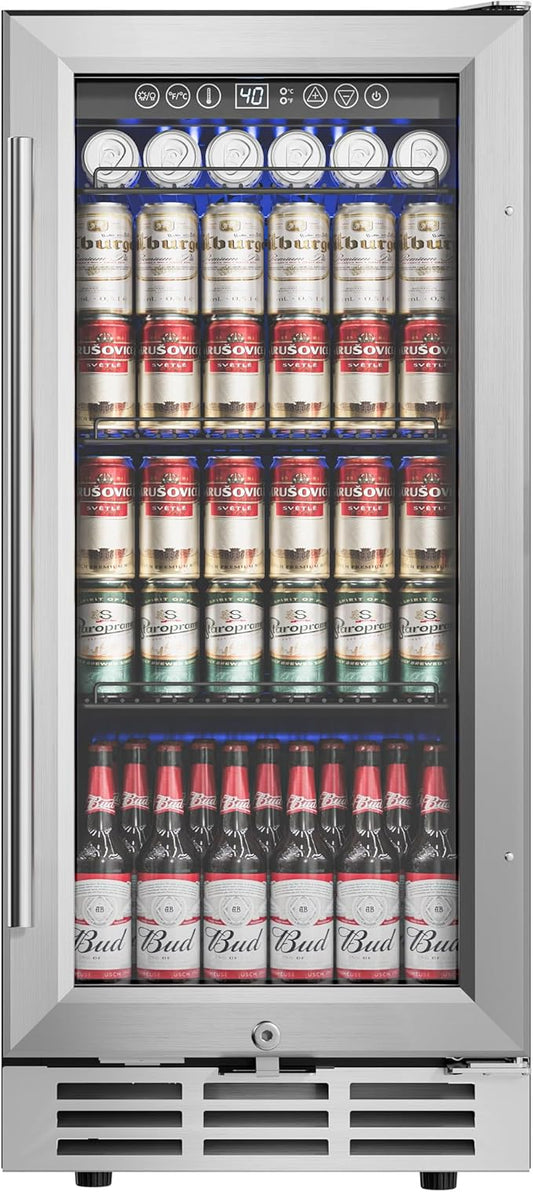 15'' Beverage Refrigerator Cooler - 126 Cans Under Counter Beverage Fridge with LED Light, Built-in Design, Wine Cooler for Home/Kitchen-HomvellaHome