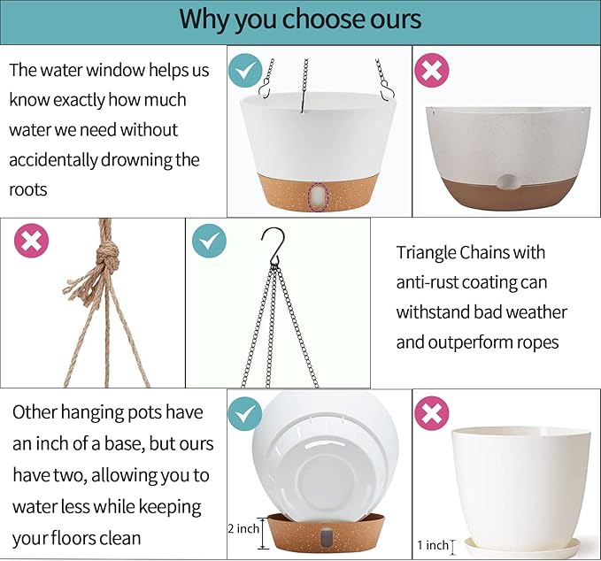 2 Pack 10 Inch Hanging Planters for Indoor Outdoor Plants, Hanging Plant Flower Pot Basket with Drainage Hole with Removable Tray&Hooks Self Watering Plant Pot for Hanging Plants, White-HomvellaHome