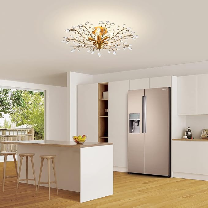 Ganeed Crystal Chandeliers,Vintage K9 Clear LED Ceiling Lighting,Edison Pendant Light Flush Mounted Fixture with 5 Light for Living Room Dinning Room Restaurant Porch Hallway (Gold)-HomvellaHome