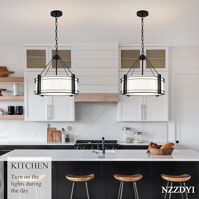 16.3''Black Drum Chandelier 3-Light Modern Farmhouse Chandelier with White Fabric Shade Adjustable Drum Pendant Light Fixture for Dining Room Kitchen Island Hallway Living Bedroom-HomvellaHome