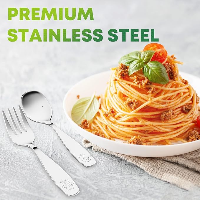12 Pieces Toddler Utensils, Kids Stainless Steel Silverware Set - 6pcs Forks and 6pcs Spoon, Cute Children Flatware Sets with Mirror Polished, Self Feeding Safe, Dishwasher Safe-HomvellaHome