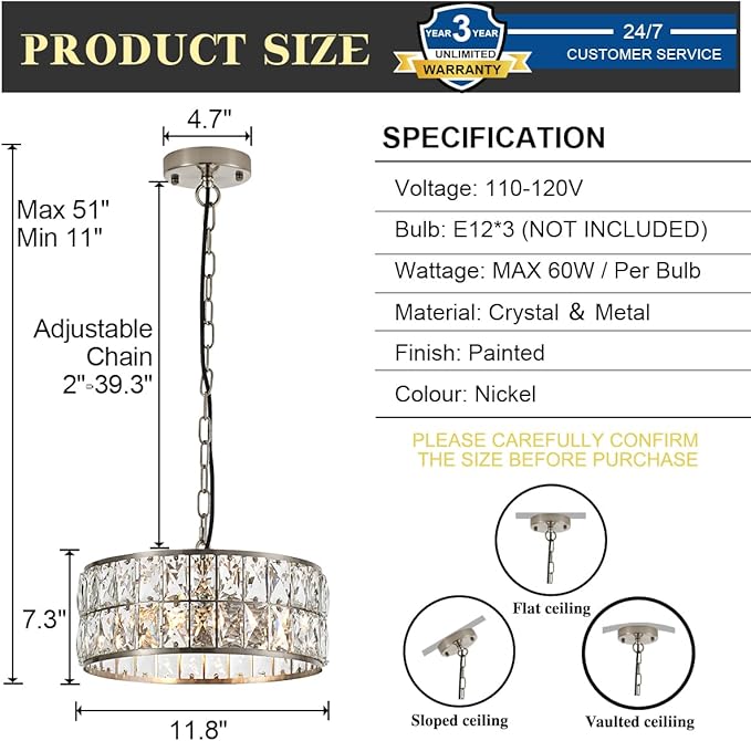 12” 3-Light Modern Crystal Chandeliers Nickel Dinning Room Light Fixture, Round Pendant Light Kitchen Island Chandelier, Flush Mount Ceiling Light for Living Room Entryway Bedroom Foyer-HomvellaHome