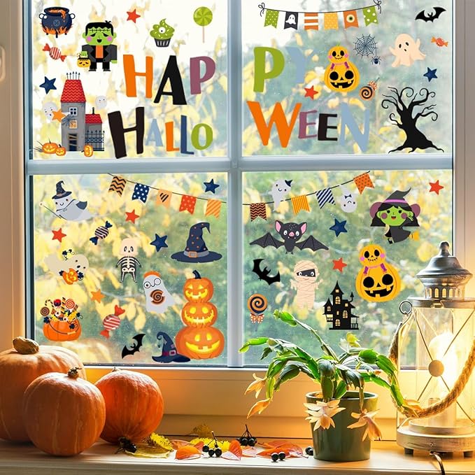 10 Sheets Halloween Window Clings Halloween Window Stickers Decorations Double-Sided Removable Castle Pumpkin Bat Glass Window Decals, Happy Halloween Window Clings for Kids Party Decorations-HomvellaHome