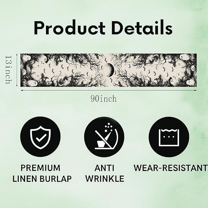 GPGHE Halloween Table Runner Black Ghost Holiday Burlap Table Decoration Indoor Outdoor Home Decor Party Supply 13 x 90 Inch-HomvellaHome