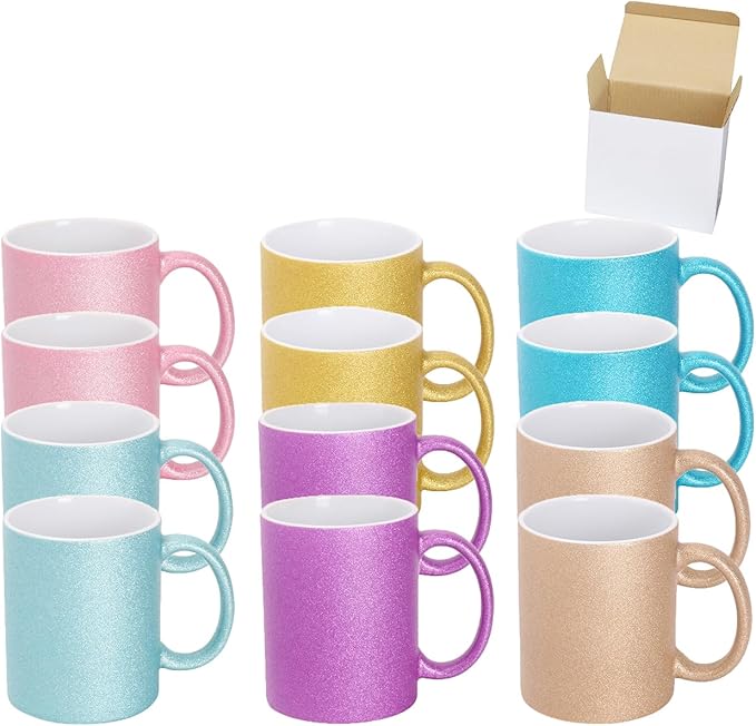 11oz White Ceramic Sublimation Coffee Mug in White Gift Box, 6 Sparkling Mixed Colors, Case of 12-HomvellaHome