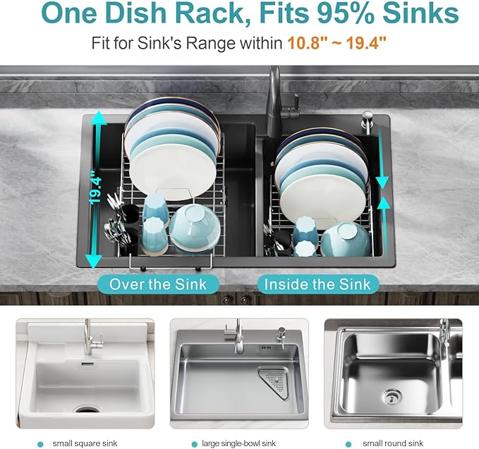 GSlife Expandable Dish Drying Rack - Stainless Steel Capacity Adjustable Over The Sink Rack (10.8''-17.9'') with Sink Mat, Dish Drainer for Kitchen Sink Counter with Utensil Holder, Silver-HomvellaHome
