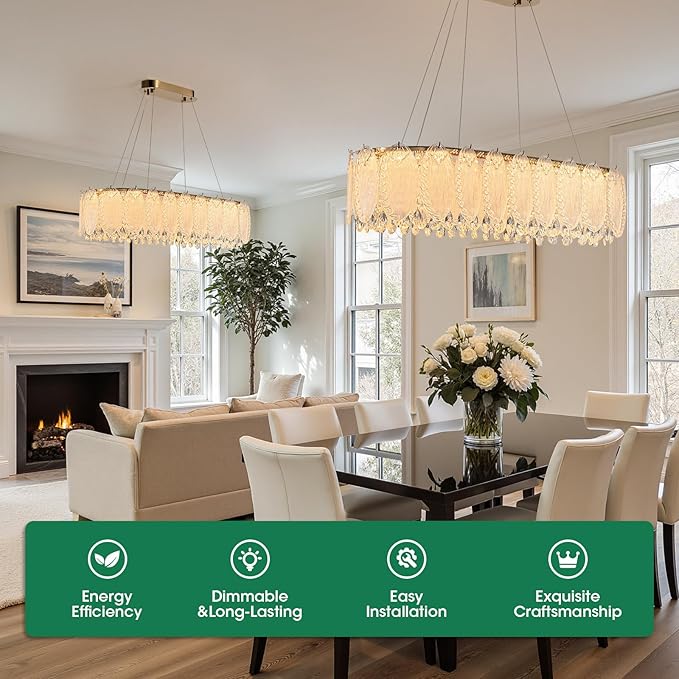 Gold Rectangle Modern Chandeliers for Dining Room Light Fixture, Water Ripple Crystal Glass LED Chandelier for Kitchen Island Bar Living Room, 2700K-6000K-HomvellaHome