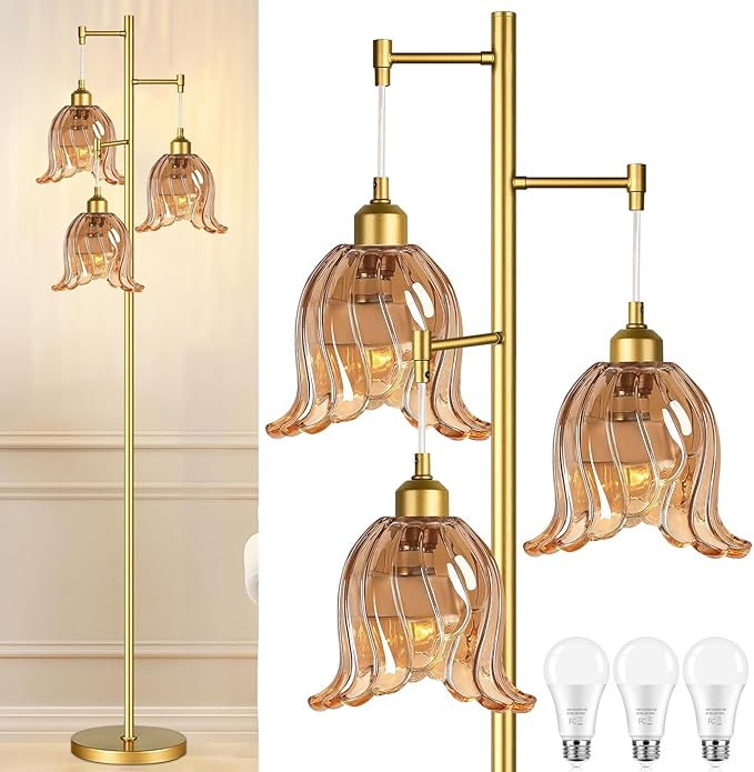 Gold Floor Lamp for Living Room,Bedroom,Tree 3 Light Standing Lamp Mid Century Modern Brass Tall Floor Lamps Vintage Retro Floor Lights Glass Flower Amber Lamp Shade Farmhouse Boho Bohemian-HomvellaHome