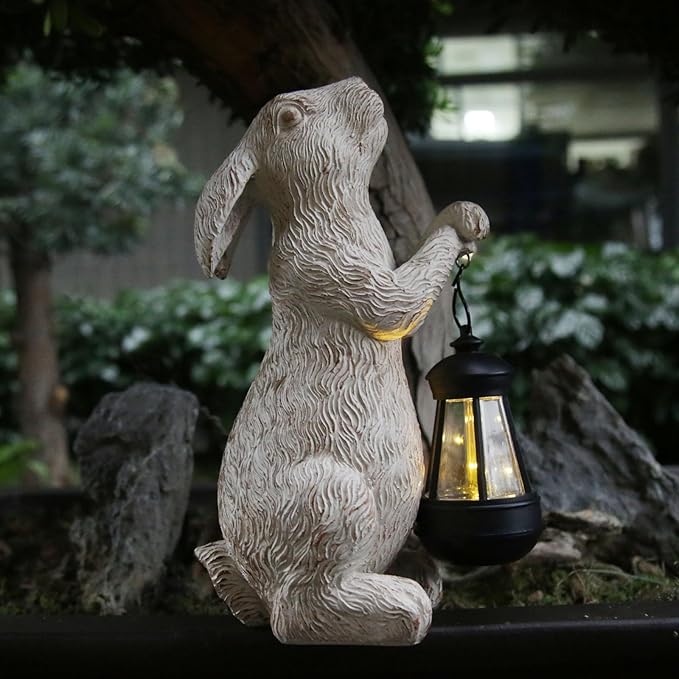 Garden Statues Rabbit with Solar Lights-Bunny Figurine Halloween Decorations Outdoor Rabbit Decor for Lawn,Balcony-Yard Art Garden&Patio Decor,Unique Housewarming&Birthday Gifts for Women Mom-HomvellaHome