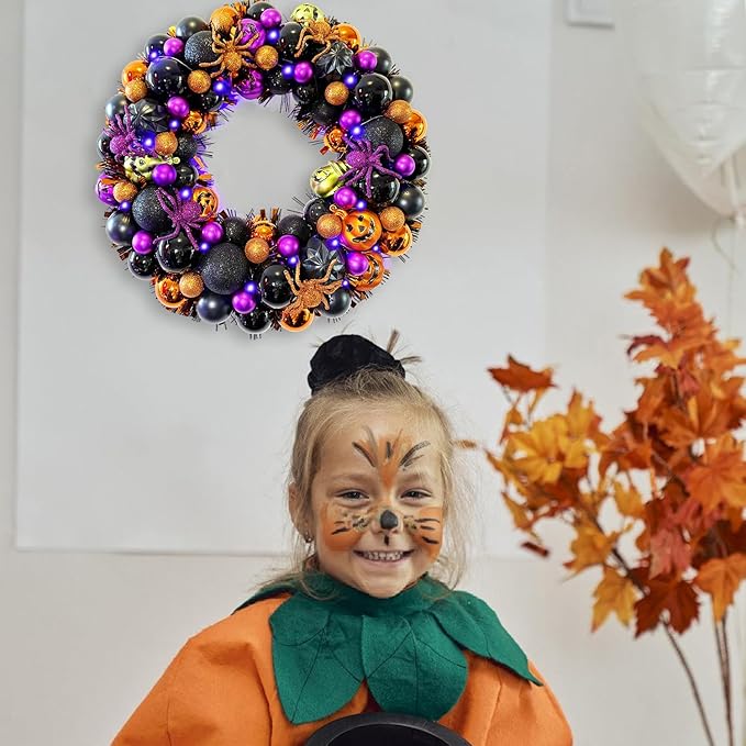 17 Inch Halloween Ball Wreath for Front Door with Lights, Lighted Cute Treat-or-Trick Door Wreath Ball Ornament for Halloween Indoor Decorations Centerpiece Party Holiday Wall Home Decor-HomvellaHome
