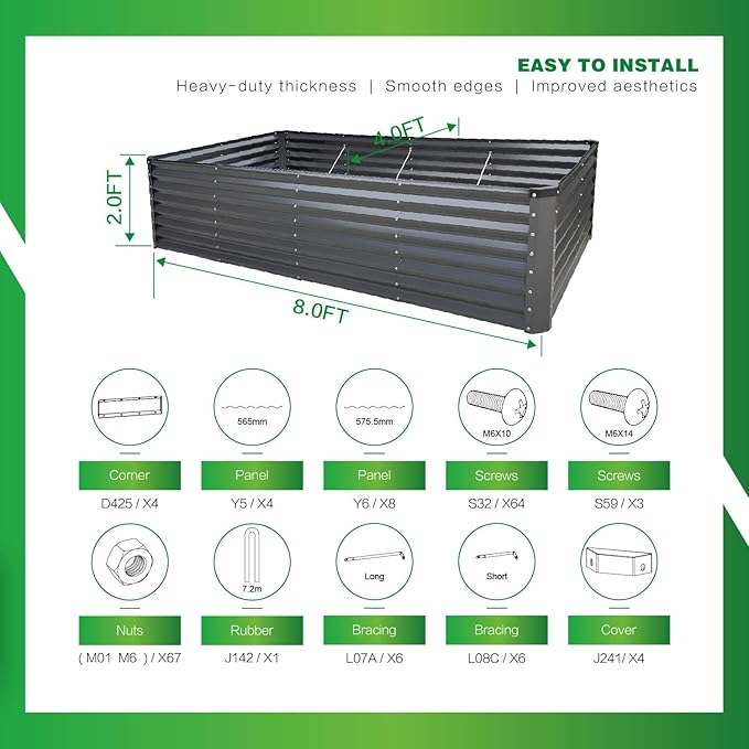 GARDMAX 8x4x2FT Galvanized Raised Garden Bed Kit, Metal Planter Boxes Outdoor with Easy Assembly, Large Garden Bed for Vegetables, Fruits, Flower, Herbs Rectangle Dark Gray-HomvellaHome