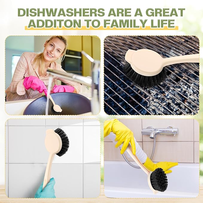 16 Pack Dish Brush with Handle Dish Scrubber Brush with Built-in Scraper Kitchen Scrub with Stiff Bristles Long Scrubber for Home Restaurant Pot Sink Washing Cleaning Supplies, Beige-HomvellaHome
