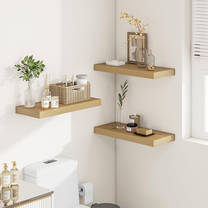 12 Inch Deep Floating Shelves 24 inch Long, 24 x 12 Wide Wall Shelves with Invisible Brackets, Heavy Duty Shelf for Bedroom Bathroom Living Room Kitchen Office Home Decor, Modern Shelf Set of 2, Oak-HomvellaHome