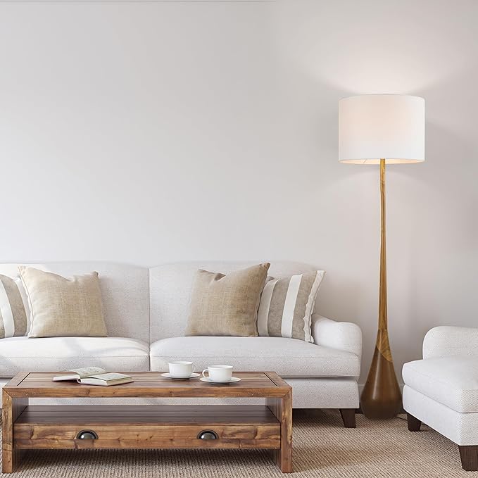 GLOBE Electric Novogratz x Harrington 65" Floor Lamp, 2-Tone Faux Wood Base, White Fabric Shade, Socket Rotary Switch 67225-HomvellaHome