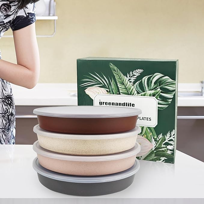 greenandlife 9 Inch 4PCS Portion Control Plates with Lids, Divided Plates for Kids Adults, Dishwasher Microwave Safe Compartment Plate, Unbreakable Lightweight Reusable Wheat Straw Plate, Earth Tone-HomvellaHome