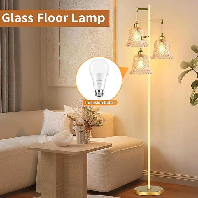 Gold Floor Lamp for Living Room,Bedroom,Tree 3 Light Standing Lamp Mid Century Modern Brass Tall Floor Lamps Vintage Retro Floor Lights Glass Green Flower Lamp Shade Farmhouse Boho Bohemian-HomvellaHome