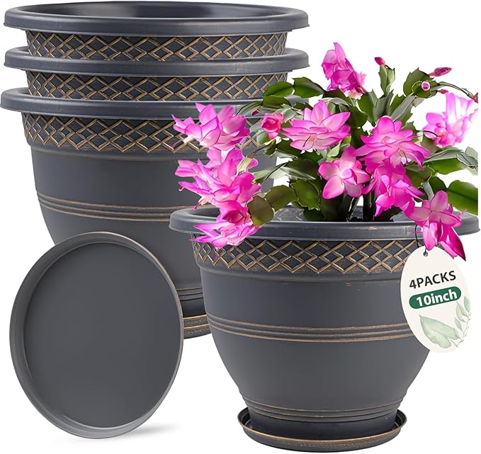 10 Inch 4 Pack Large Plant Pots, Plastic Flower Pot for Indoor & Outdoor with Drainage Holes & Saucer, Plaid Pattern Planters Garden Pots for Herbs-HomvellaHome