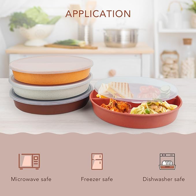 greenandlife 9 Inch 4PCS Portion Control Plates with Lids, Divided Plates for Kids Adults, Dishwasher Microwave Safe Compartment Plate Set, Unbreakable Lightweight Reusable Wheat Straw Plate, Sunset-HomvellaHome