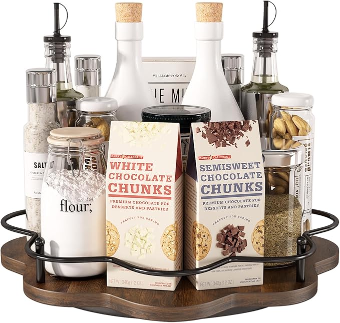 12" Lazy Susan Turntable Organizer,Round Wooden Lazy Susan Organization and Rotating Spice Rack for Dining Table,Pantry,Kitchen Countertop,Vanity,Cupboard and More.Vintage Wood(Petal Shape)-HomvellaHome