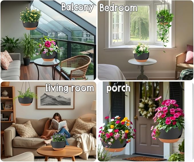 2 Pack 12 Inch Large Hanging Planters with Chains Self Watering Black Brown Plastic Hanging Pots for Indoor Outdoor Plants, Garden Porch Home Decor，Black Brown-HomvellaHome