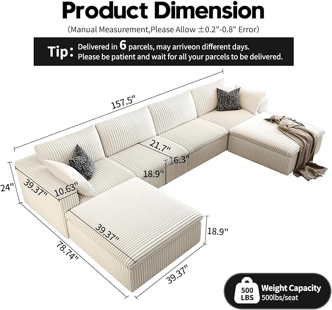 157.5" Cloud Couch Oversized Modular Sectional Sofa for Living Room,Modern Sofa with Deep Seat，U-Shape Boneless Couch with 2 Ottoman,Comfy Upholstered Couches for Apartment, Studio, Office,White-HomvellaHome