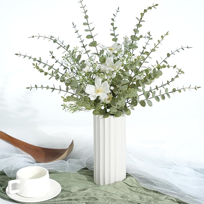 18Pcs Faux Eucalyptus Stems, 15" Artificial Eucalyptus Plants with White Frosted Coating, Fake Eucalyptus Decor Plastic Greenery Leaves for Wedding Bouquets Home Decor DIY Floral Arrangements-HomvellaHome