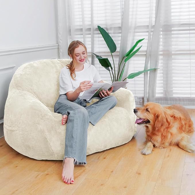 Giant Bean Bag Chair, Oversized Bean Bag Chairs for Adults and Kids, Gaming Chair Stuffed Memory Foam | Storage | Non-Slip, Removable Bean Bag Sofa Comfy Chair for Bedroom, Livingroom (Beige)-HomvellaHome