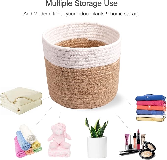 11" Cotton Rope Plant Basket Modern Woven Baskets for 10" Flower Pot Floor Indoor Planters,Storage Organizer Baskets Home Decor,Brown White 11"x 11"-HomvellaHome
