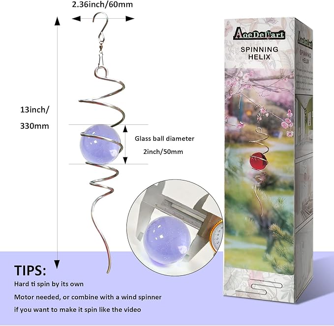 Gazing Ball Spiral Decorative Wind Spinner Sun Catcher 11inch Tail and 2 inch Glass Orb. Indoor Outdoor Garden Decoration Wind Sculptures-13 inch Height (Purple)-HomvellaHome