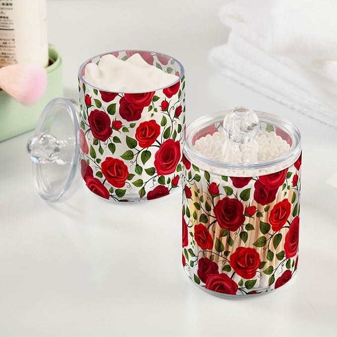 2 Pack Qtip Holder Dispenser Red Rose Flowers Bathroom Storage Canister Lid Acrylic Plastic Apothecary Jar Set Vanity Makeup Organizer for Cotton Swab/Ball/Round Pads, Floss-HomvellaHome