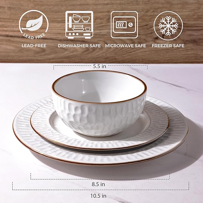 GBHOME Ceramic Dinnerware Sets,12 pcs Embossed Elegant Stoneware Plates and Bowls Sets, Housewarming Wedding Gift | Dishwasher & Microwave Safe | Dishes Set Service for 4-HomvellaHome
