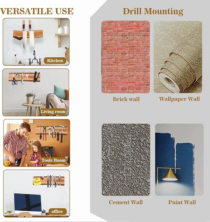 12.5 Inch Magnetic Knife Holder for Wall,Acacia Wood Knife Magnetic Strip,Knife Holder Wood Magnetic,No Drilling Knife Magnetic Strip-Strong Knife Magnet- for Kitchen Knives and Tools-HomvellaHome