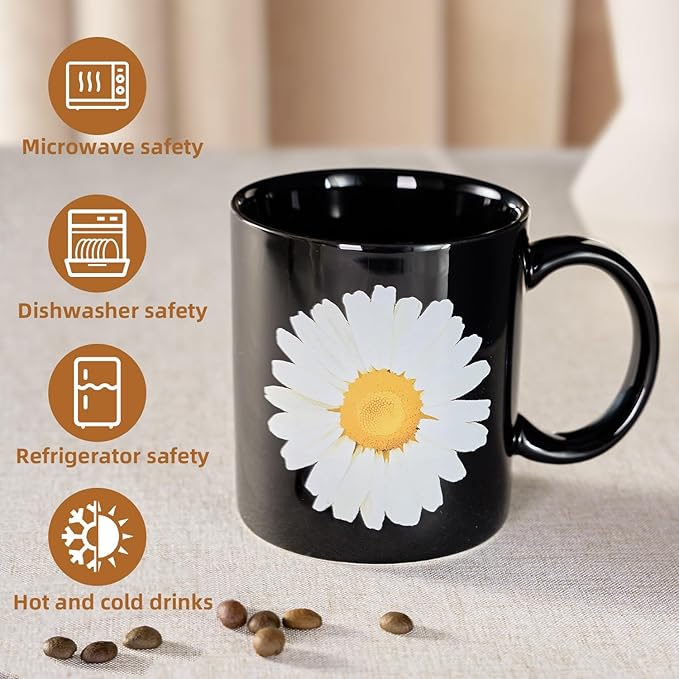 12Oz Daisy Black Ceramic Mug, Mug for Daily Coffee and Tea, Lead-free, Microwave and Dishwasher Safe Coffee Mug, Perfect gifts for women and men-HomvellaHome