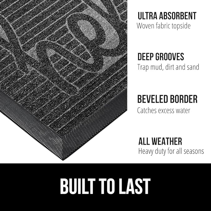 GORILLA GRIP 100% Waterproof All-Season WeatherMax Doormat, US Designed Natural Rubber, Stain and Fade Resistant, Low Profile Indoor Outdoor Door Mats, Easy Clean Patio Mat, 17x29, Charcoal Hello-HomvellaHome