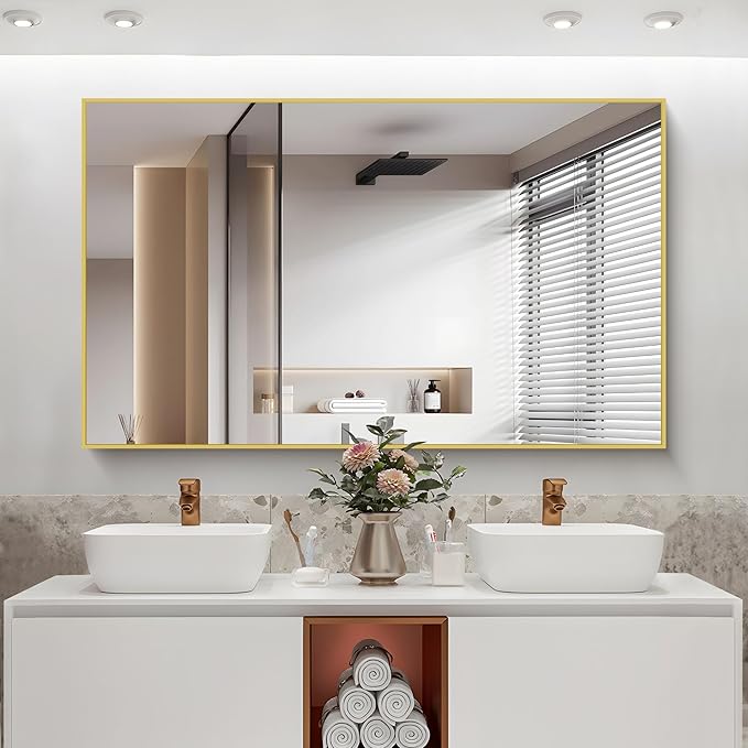 Gold Bathroom Mirror for Wall, 60x36 Inch Rectangle Mirrors with Metal Frame, Modern Vanity Wall Mirror Decor for Bathroom Living Room, Entryway Hangs Horizontal or Vertical-HomvellaHome