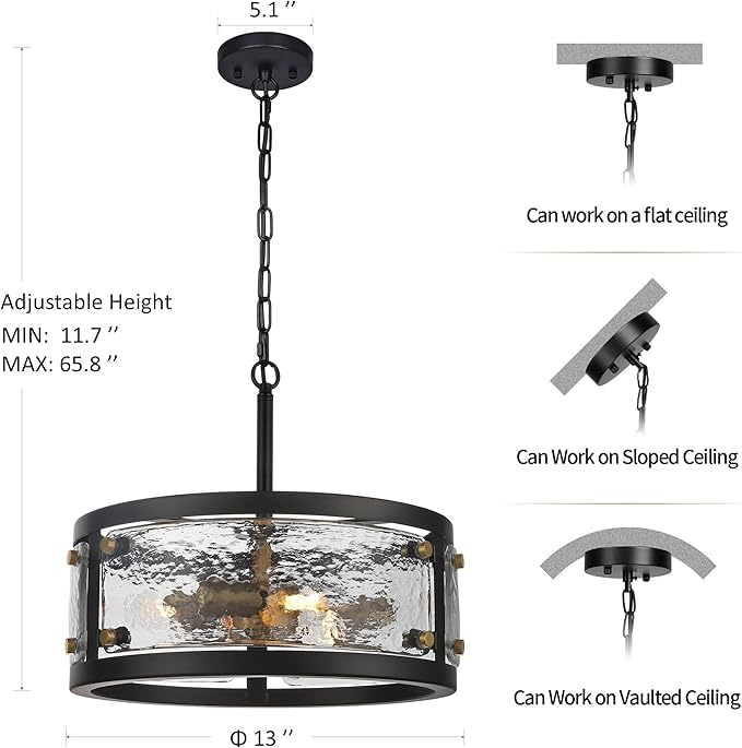 13" Industrial Drum Glass Chandelier, 3-Light Rustic Hanging Pendant Lights, Metal Round Lighting Fixture for Dining Room Foyer Entryway Hallway Bedroom, Clear Waterglass Drum Shade-HomvellaHome