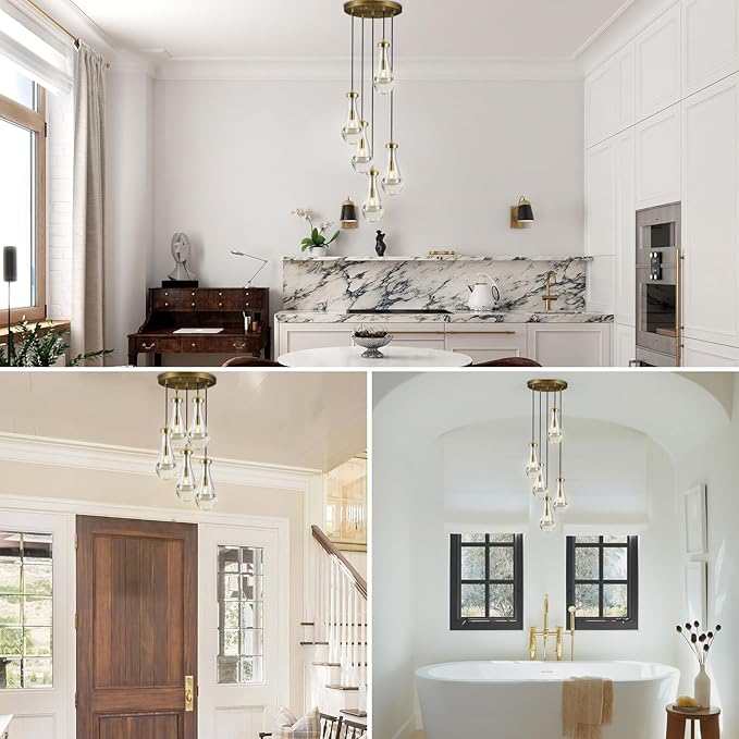 Gold 5 Light Cluster Pendant Lighting, Raindrop Chandeliers Brass Dining Room Lights Fixture, Teardrop Pendant Lights Kitchen Island, Hanging Lamp Ceiling for Entryway Foyer Staircase-HomvellaHome