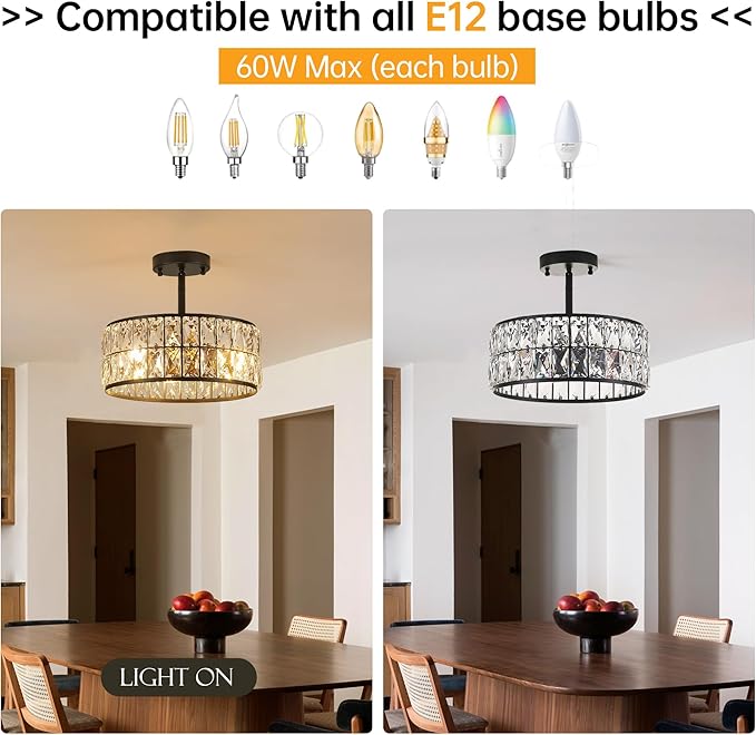 12” 3-Light Modern Crystal Chandeliers Black Dinning Room Light Fixture with Two Poles, Round Pendant Light Kitchen Island Chandelier, Flush Mount Ceiling Light for Living Room Entryway-HomvellaHome