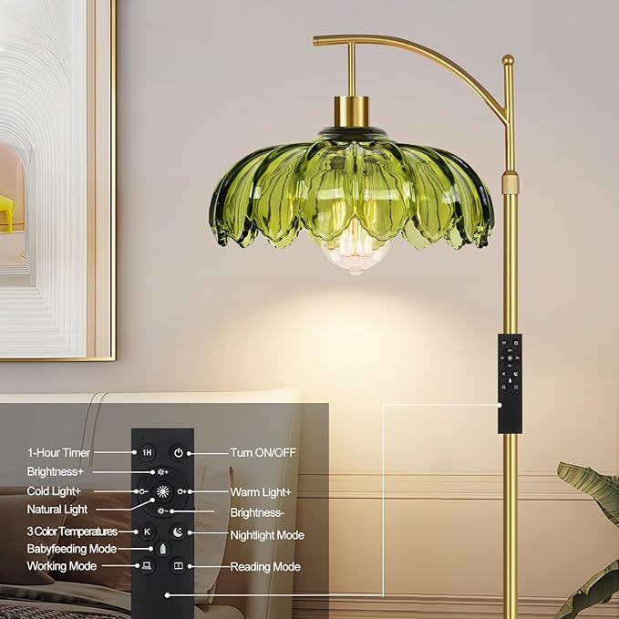 Gold Floor Lamps for Living Room Glass Vintage Floor Lamp with Remote Control,Dimmable Mid Century Modern Standing Lamp with 3 Color Temperature Tall Flower Lamp Brass Floor lamp for Bedroom Corner-HomvellaHome