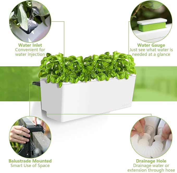 Glowpear Self Watering Railing Planter Box - 23.6", White - UV Stable, Scalable Plant Pot with Water Gauge, Indoor Outdoor for Vegetables, Flowers, Herbs, and Succulents-HomvellaHome