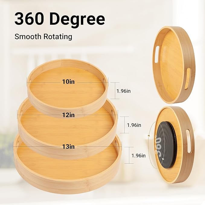 12in Bamboo Lazy Susan Organizer for Countertop and Cabinet with Large and Stable Chassis,Round Rotating Bamboo Tray for Station Organizer,for Kitchen Bathroom Laundry Room (12in)-HomvellaHome