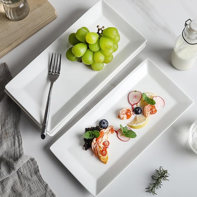 12" Serving Platters Set of 4, White Rectangular Plates, Ceramic Serving Tray, Stackable Large Party Plates for Appetizer, Dessert, Steak, Sushi, Housewarming, Oven Dishwasher Safe-HomvellaHome
