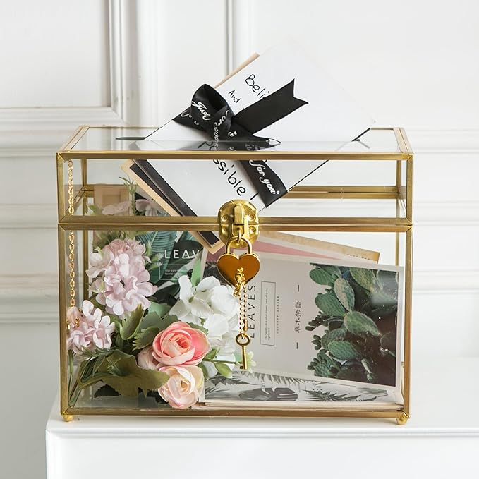 Glass Wedding Card Box with Slot, 10.2 inch Clear Card Box Gold Brass Gift Card Storage Box with Lock Perfect for Wedding Receptions, Baby Shower, Birthday Party, Bridal Shower-HomvellaHome
