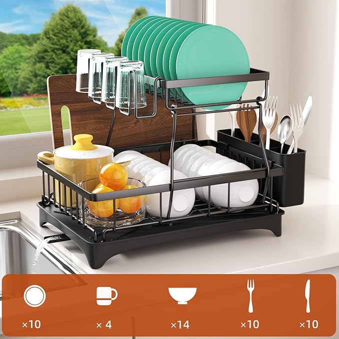 Godboat Dish Drying Rack, 2-Tier Dish Rack with Auto-Drain & Mat, Dish Racks for Kitchen Counter, Dish Drainer with Knife, Fork & Cup Rack, Gifts for Women, Mothers Day, Cool Stuff & Kitchen Gadgets-HomvellaHome