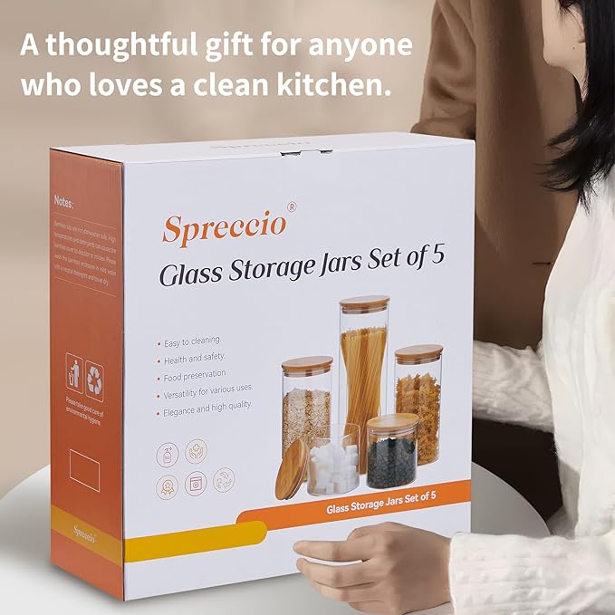 Glass Food Storage Jars with Lids[Set of 5], Perfect for Pasta, Cookies, Nuts, Coffee, Cereal, Flour, and More, Organize Your Kitchen and Pantry with these BPA-Free Glass Canisters-HomvellaHome