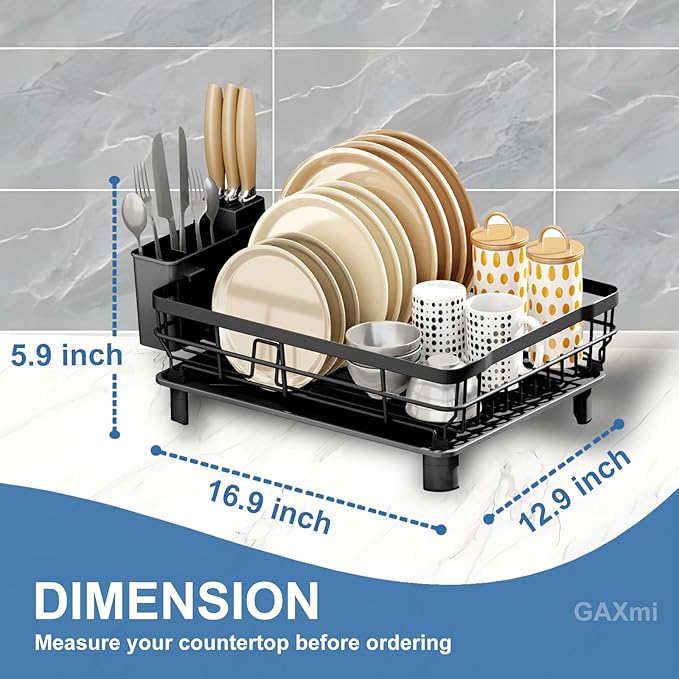 GAXmi Dish Drying Rack Over The Sink Drainer with Drainboard Utensil Holder, 1-Tier Black-HomvellaHome