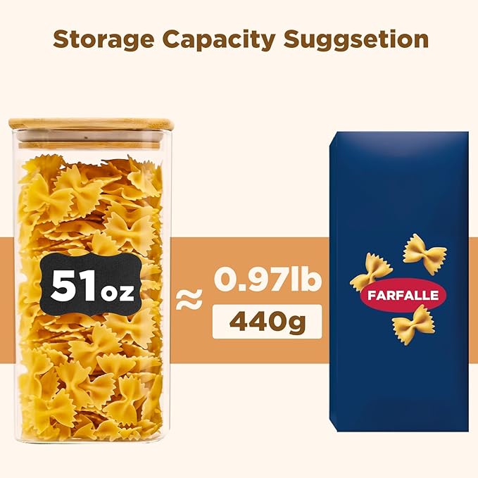 Glass Food Storage Jars Square 51oz, 3 Pack Glass Jars With Bamboo Lids, Kitchen Storage Containers For Spice, Candy, Cookie, Storage For Pantry Organizers-HomvellaHome