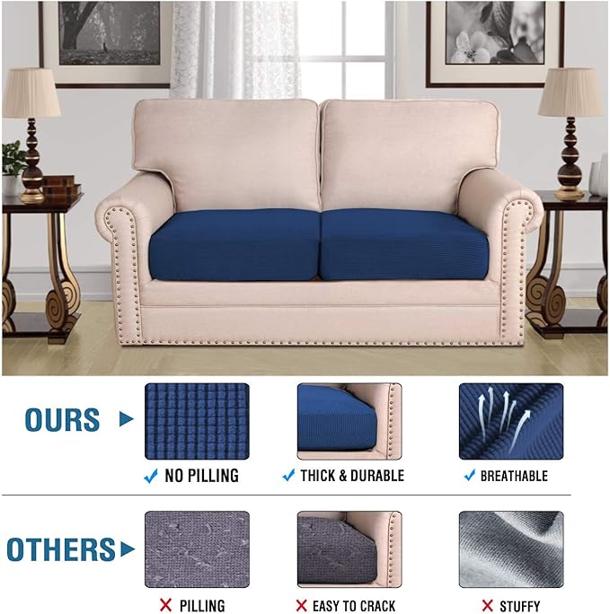 H.VERSAILTEX Super Stretch Individual Seat Sofa Covers Slipcover Sets Thick Jacquard Textured Twill Fabric (2 Piece Medium Sofa Cushion Covers, Navy)-HomvellaHome